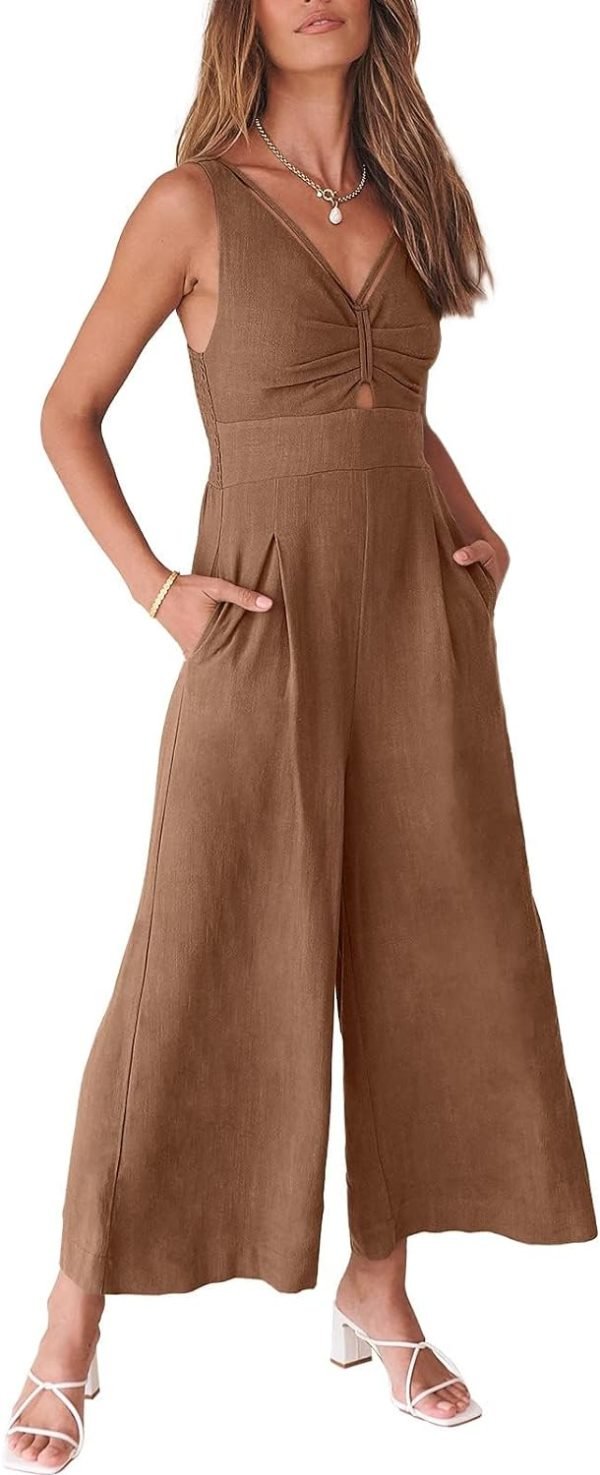ANRABESS Women's Summer Wide Leg Linen Jumpsuits Dressy V Neck Sleeveless Casual Pants Rompers 2024 Vacation Beach Outfits