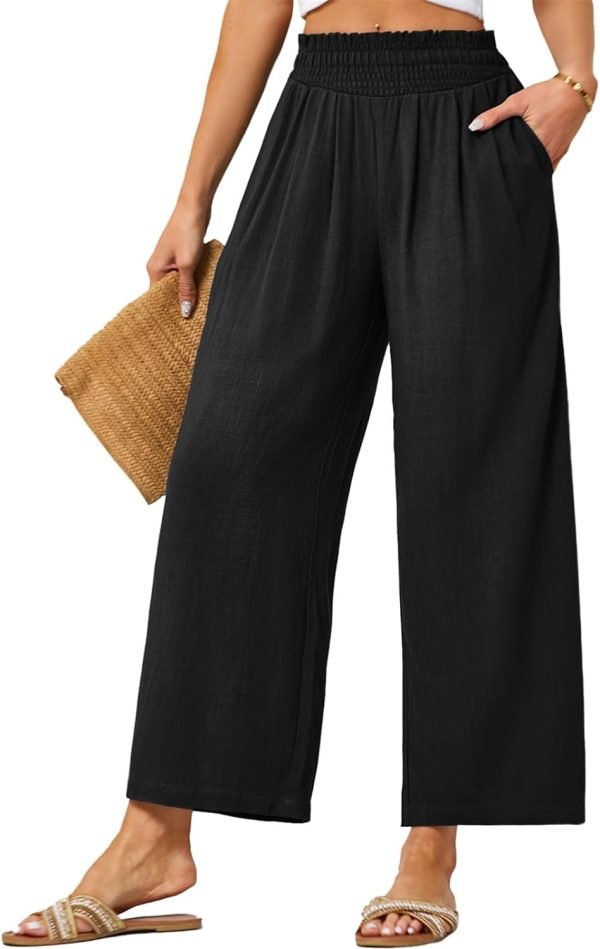 61Y51_S0aSL._AC_SL1500 JASAMBAC Women's Capri Linen Wide Leg Pants Summer Boho Wide Leg Pants Smocked High-Rise Waist Casual Beach Pants with Pocket