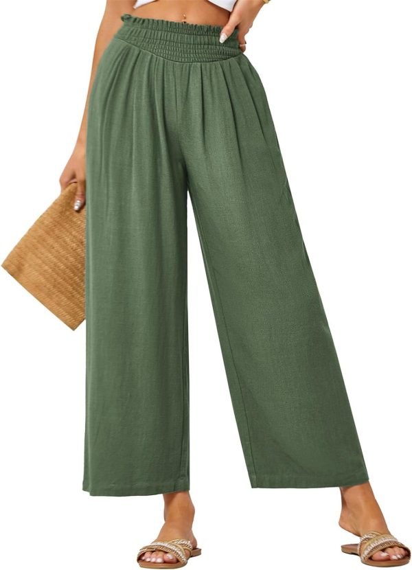 61ZwjSmdsdL._AC_SL1500 JASAMBAC Women's Capri Linen Wide Leg Pants Summer Boho Wide Leg Pants Smocked High-Rise Waist Casual Beach Pants with Pocket