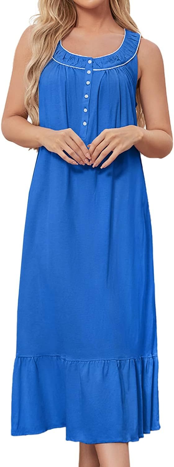 Cotton Nightgown for Women Sleeveless Loungewear Comfy Soft Sleepwear Long Sleepdress Loose Full Length Nightdress