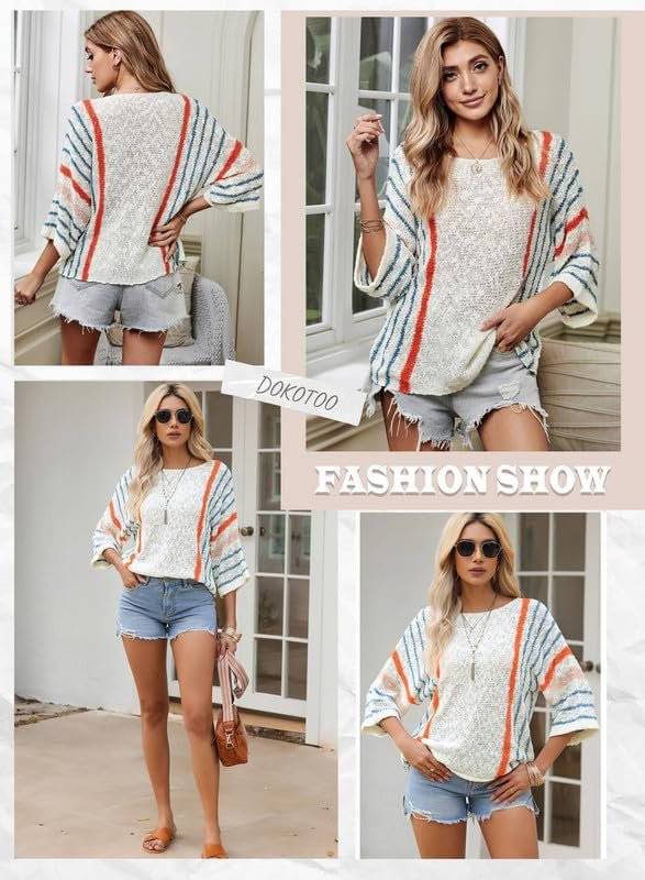 61c0-c6iSDL._AC Womens 2024 Cute Spring Summer Color Block Striped Lightweight Comfy Cable Knit Beach Boho Clothes Pullover Sweaters