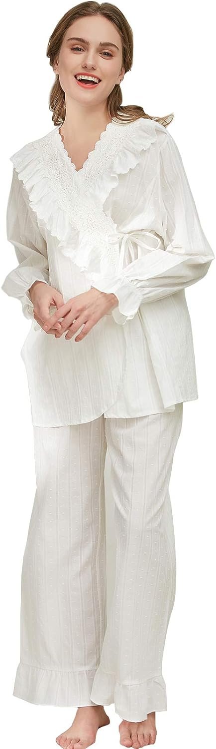 Women Pajamas Set Cotton Long Sleeve Button Down Sleep Shirt Womens Loungewear Set Cotton Nightie