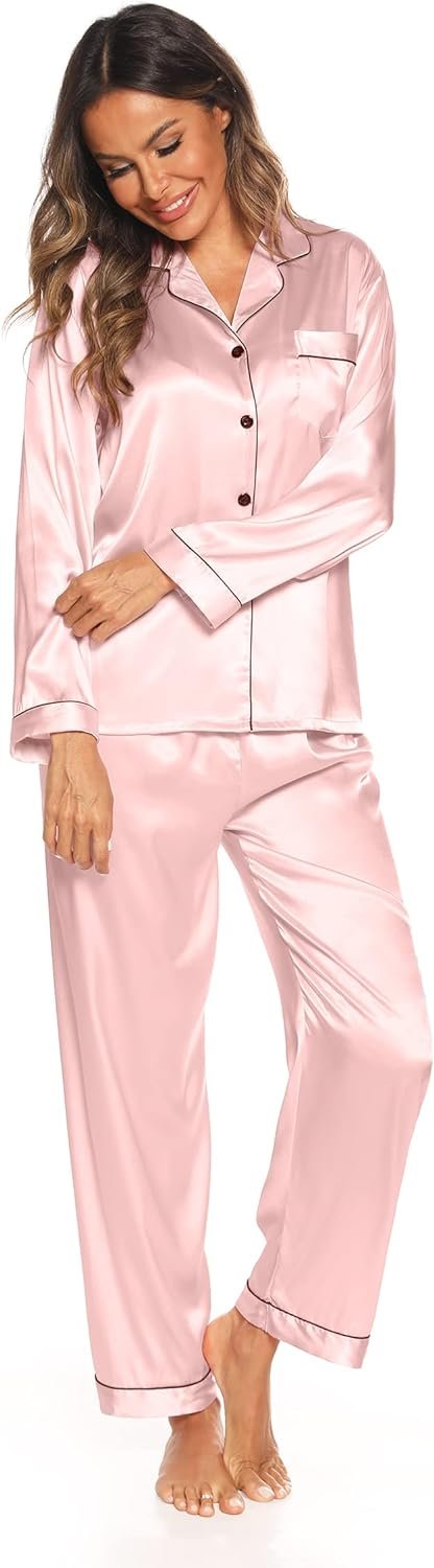 Silk Satin Pajamas Set for Women 2 Piece Soft Long Sleeve Tops & Bottoms Sleepwear Pj Lounge Set S-XXL