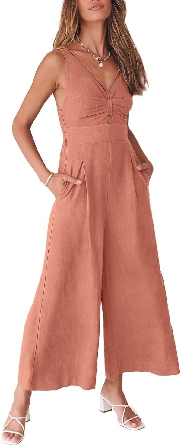ANRABESS Women's Summer Wide Leg Linen Jumpsuits Dressy V Neck Sleeveless Casual Pants Rompers 2024 Vacation Beach Outfits
