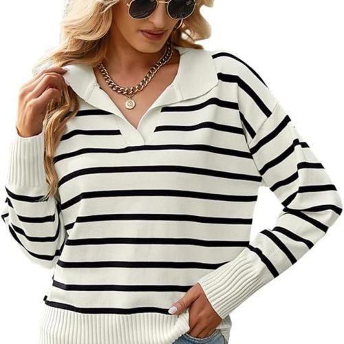 Women's Lightweight Striped Loose Sweater Polo V Neck Knitted Lapel Shirt Casual Color Block Top with Cream Background
