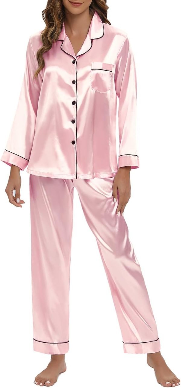 Women's Silk Satin Pajamas Set Long Sleeve Sleepwear Soft Pjs Set Two Piece Button Down Loungewear Pj Set