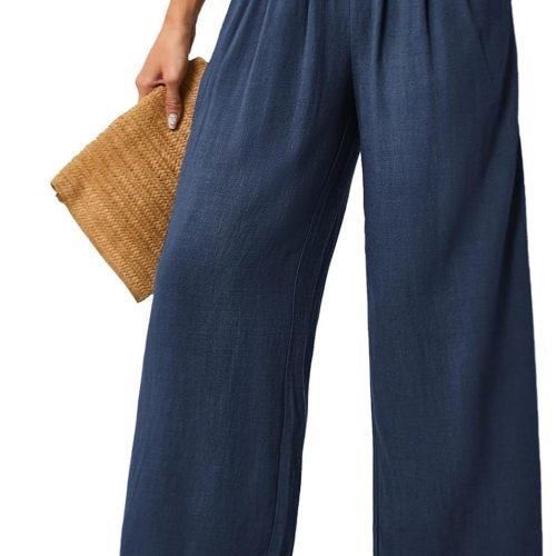 JASAMBAC Women's Capri Linen Wide Leg Pants Summer Boho Wide Leg Pants Smocked High-Rise Waist Casual Beach Pants with Pocket