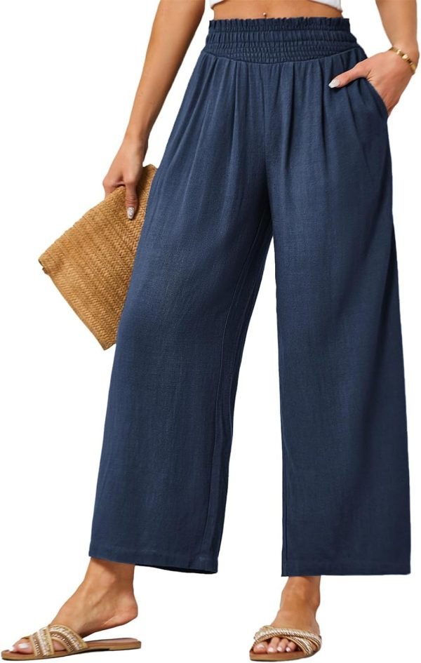 61lhfOI5HCL._AC_SL1500 JASAMBAC Women's Capri Linen Wide Leg Pants Summer Boho Wide Leg Pants Smocked High-Rise Waist Casual Beach Pants with Pocket