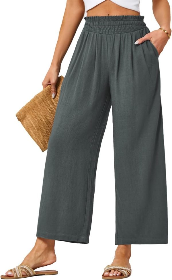 61nVxXmA3KL._AC_SL1500 JASAMBAC Women's Capri Linen Wide Leg Pants Summer Boho Wide Leg Pants Smocked High-Rise Waist Casual Beach Pants with Pocket