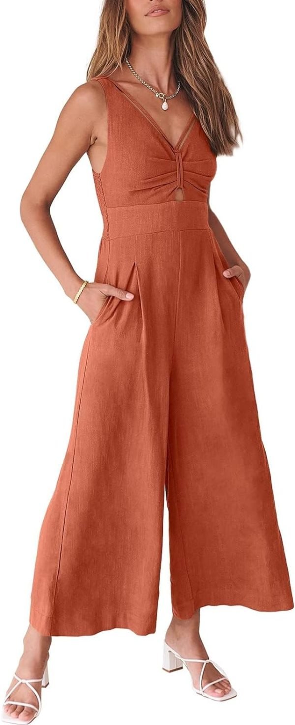 ANRABESS Women's Summer Wide Leg Linen Jumpsuits Dressy V Neck Sleeveless Casual Pants Rompers 2024 Vacation Beach Outfits