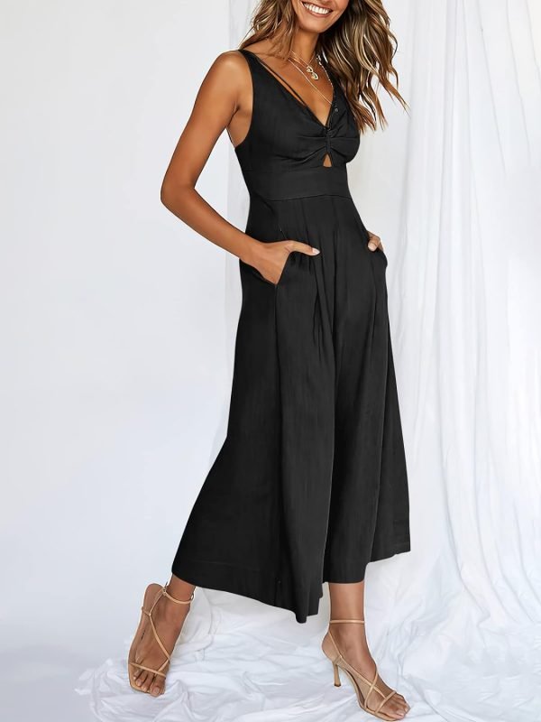 ANRABESS Women's Summer Wide Leg Linen Jumpsuits Dressy V Neck Sleeveless Casual Pants Rompers 2024 Vacation Beach Outfits