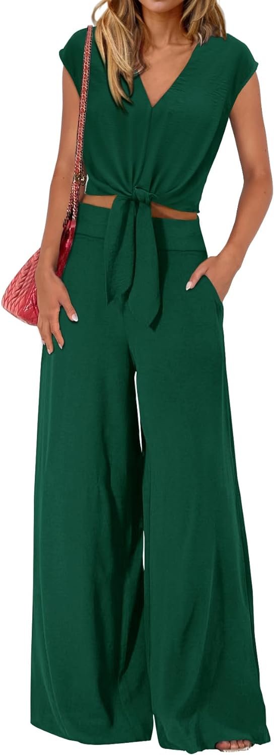 Women's Summer 2 Piece Outfits 2024 Cap Sleeve V Neck Belted Crop Tops Wide Leg Pant Sets Casual Tracksuit