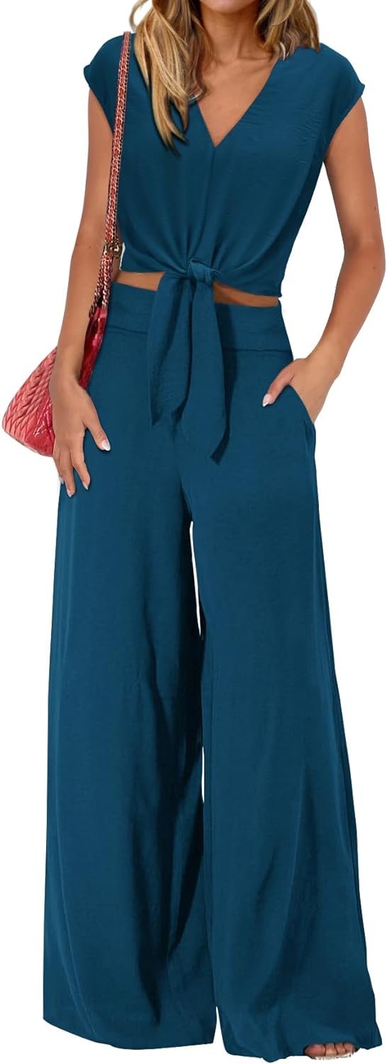 Women's Summer 2 Piece Outfits 2024 Cap Sleeve V Neck Belted Crop Tops Wide Leg Pant Sets Casual Tracksuit