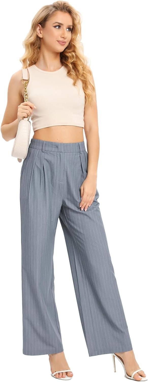 Women's Casual Striped High Waisted Wide Leg Pants Elastic Waist Loose Fit Trousers