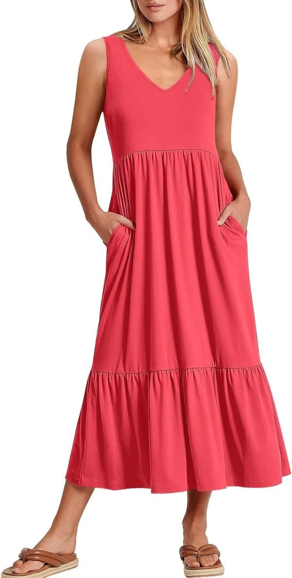 ANRABESS Women's Summer Casual Sleeveless V Neck Swing Dress Fit & Flare Flowy Tiered Maxi Beach Sundress with Pockets
