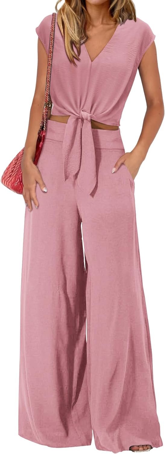 Women's Summer 2 Piece Outfits 2024 Cap Sleeve V Neck Belted Crop Tops Wide Leg Pant Sets Casual Tracksuit