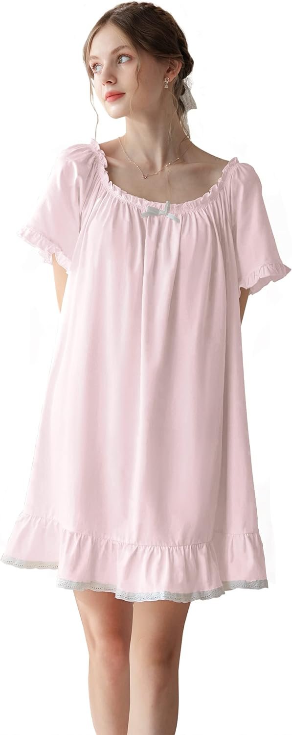 Women's Cotton Nightgowns Vintage Lightweight Gown Sets Short Sleeve Princess Nightdress