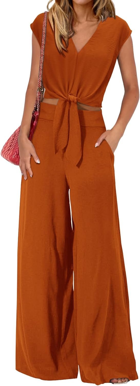 Women's Summer 2 Piece Outfits 2024 Cap Sleeve V Neck Belted Crop Tops Wide Leg Pant Sets Casual Tracksuit