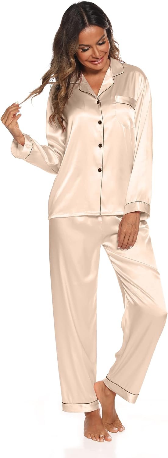 Silk Satin Pajamas Set for Women 2 Piece Soft Long Sleeve Tops & Bottoms Sleepwear Pj Lounge Set S-XXL