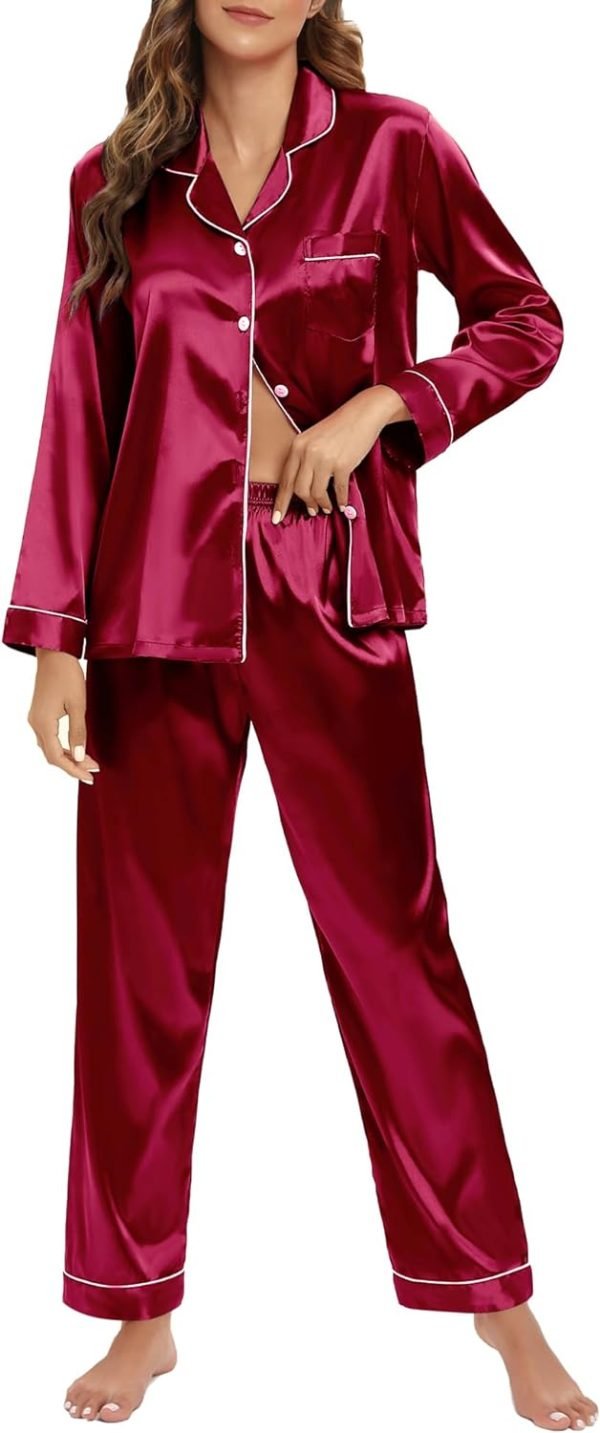 Women's Silk Satin Pajamas Set Long Sleeve Sleepwear Soft Pjs Set Two Piece Button Down Loungewear Pj Set