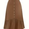 Women's Elegant Skirt, Plus Size Solid Button Decor Elastic High Rise Ruffle Hem Swing Maxi Skirt