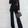 6aa13552-c966-46f1-8007-355683c8218f-1 Elegant Office Pants Set, Belted Lapel Long Sleeve Slim Blazer & High Waist Straight Leg Loose Pants, Women's Clothing