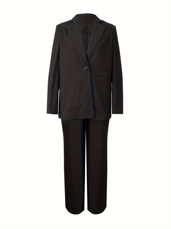 Elegant Office Solid Color Pants, Single Breasted Lapel Blazer & Straight Leg Loose Simple Pants, Women's Clothing