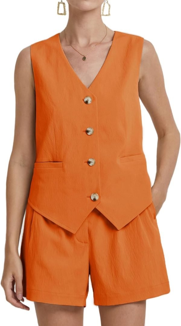 Womens Two Piece Outfits 2024 Summer Casual Sleeveless Blazer Vest Shorts Set with Pockets