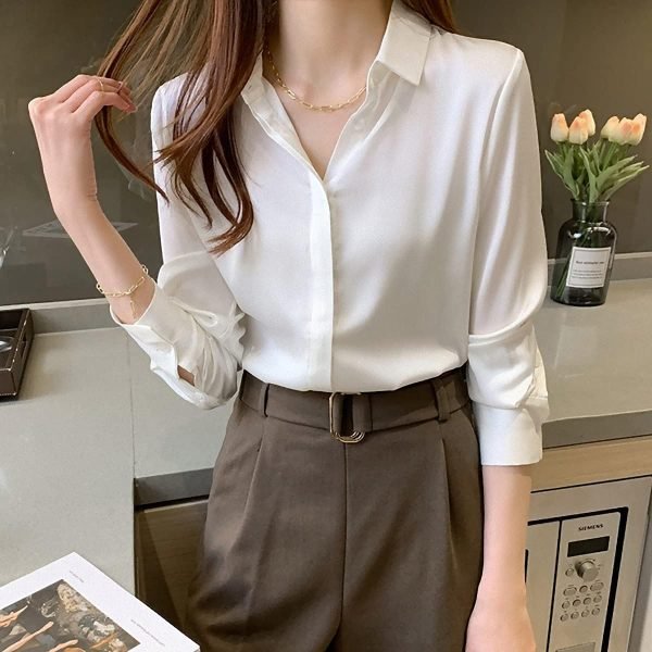 710KfOHCKNS._AC_SL1200 Women's Satin Blouse Fashion Long Sleeve Satin Silk Shirt Work Office Top Casual Shirt