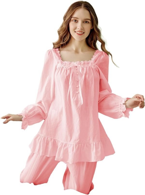 Women Pajamas Set Cotton Long Sleeve Button Down Sleep Shirt Womens Loungewear Set Cotton Nightie