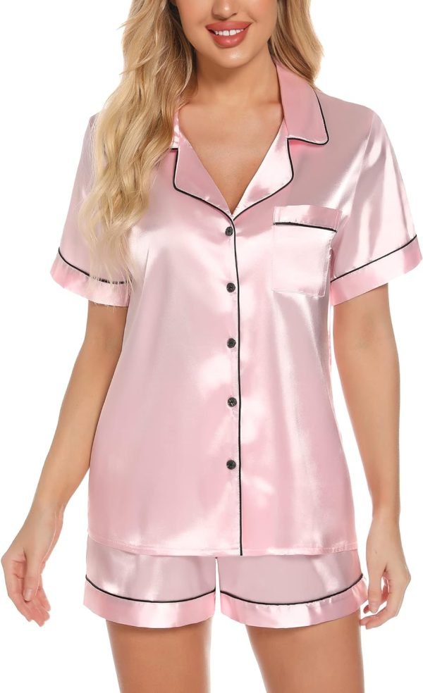 Womens Silk Satin Pajamas Set Button Down Pj Sets Short Sleeve Sleepwear Set S-XXl