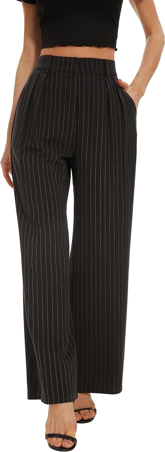 Women's Casual Striped High Waisted Wide Leg Pants Elastic Waist Loose Fit Trousers