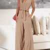 Women's Summer 2 Piece Outfits 2024 Cap Sleeve V Neck Belted Crop Tops Wide Leg Pant Sets Casual Tracksuit