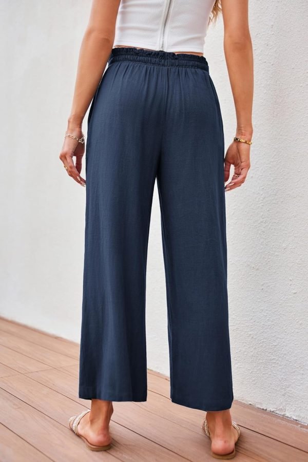 71DdzHQpUCL._AC_SL1500 JASAMBAC Women's Capri Linen Wide Leg Pants Summer Boho Wide Leg Pants Smocked High-Rise Waist Casual Beach Pants with Pocket