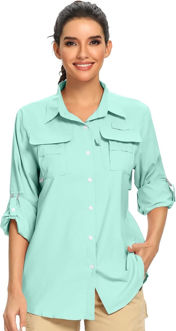 71DniDsZZSL._AC_SL1500 Women's UPF 50 Long Sleeve UV Sun Protection Safari Shirts Outdoor Quick Dry Fishing Hiking Travel Shirts