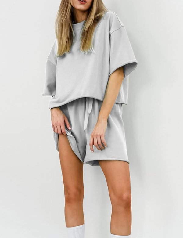 Women's 2 Piece Outfits Lounge Sets Crew Neck Short Sleeve Pullover Tops High Waisted Shorts Tracksuits