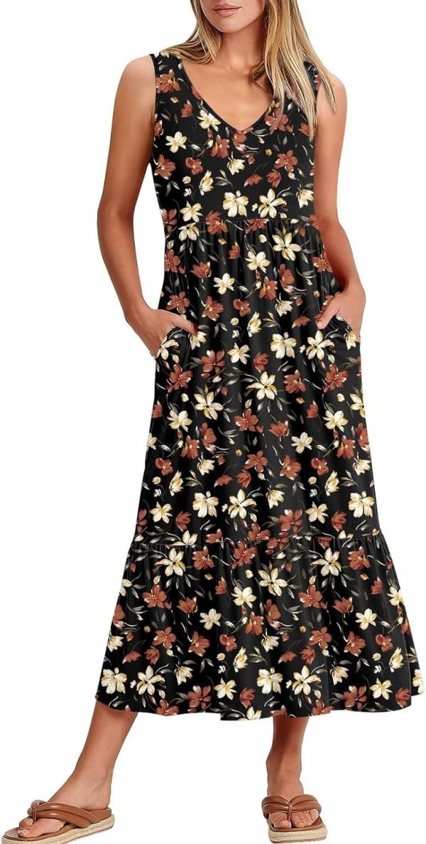 ANRABESS Women's Summer Casual Sleeveless V Neck Swing Dress Fit & Flare Flowy Tiered Maxi Beach Sundress with Pockets