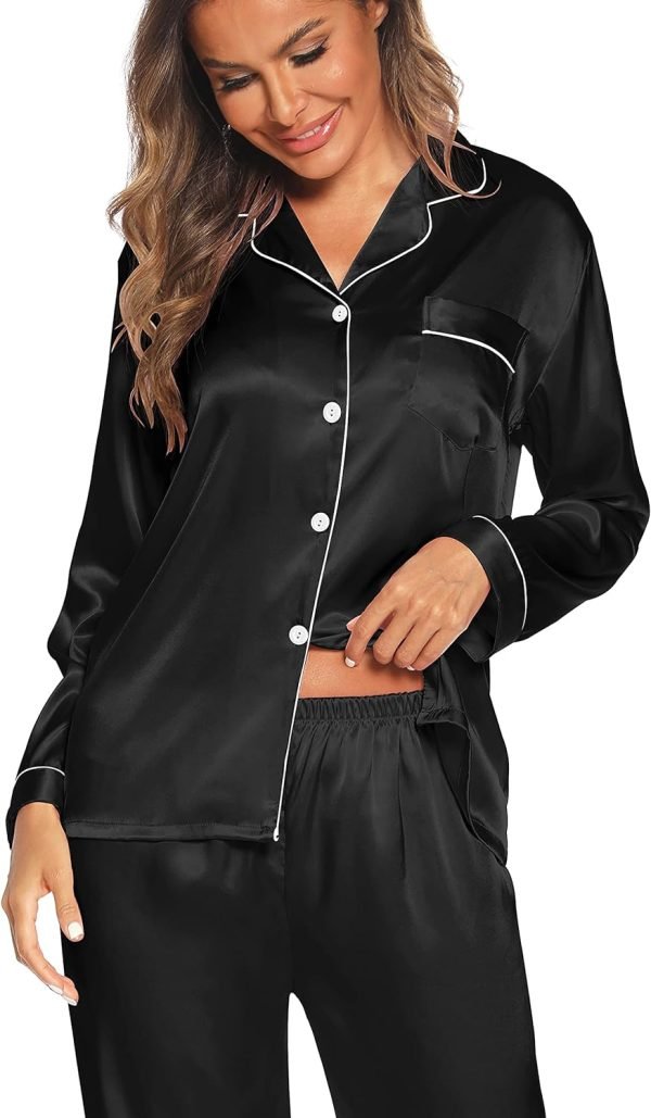 Silk Satin Pajamas Set for Women 2 Piece Soft Long Sleeve Tops & Bottoms Sleepwear Pj Lounge Set S-XXL