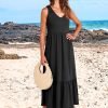 ANRABESS Women's Summer Casual Sleeveless V Neck Swing Dress Fit & Flare Flowy Tiered Maxi Beach Sundress with Pockets