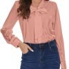 Womens Satin Solid Blouse Bow Tie Neck Button Down Shirts Long Sleeve Office Work Blouses Dressy Tops for Ladies Casual