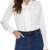 Womens Satin Solid Blouse Bow Tie Neck Button Down Shirts Long Sleeve Office Work Blouses Dressy Tops for Ladies Casual