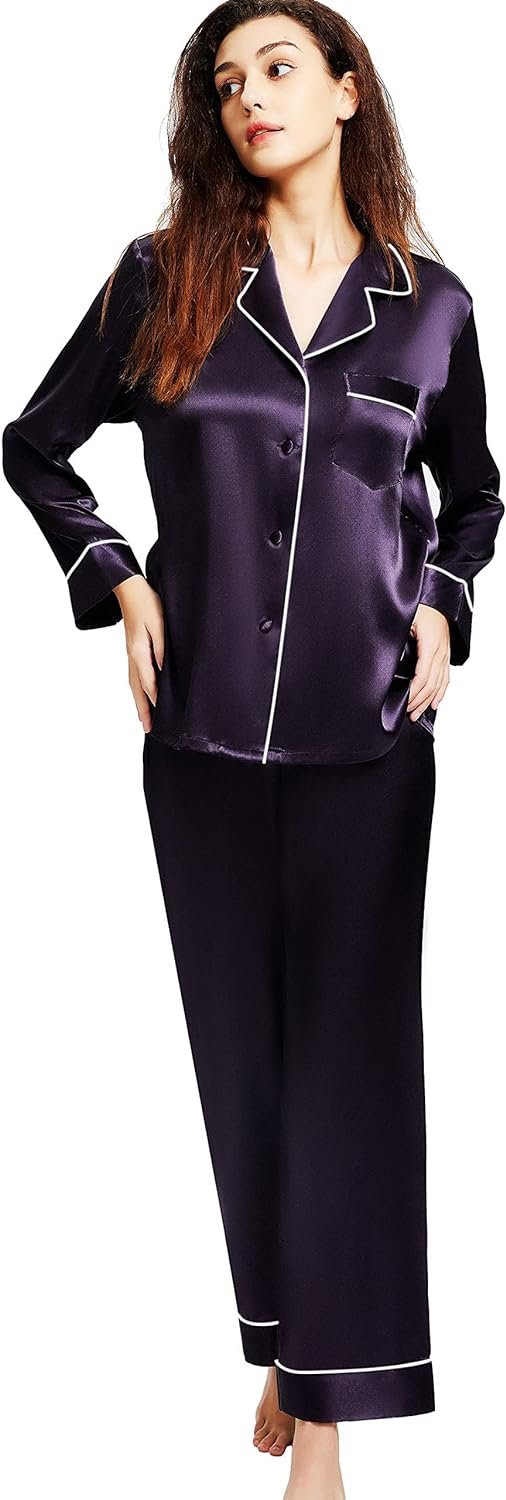 71aXxU3fq8L._AC_SL1500 Women's Satin Pajamas Set Long Sleeve Button Down Shirt With Long Pant Sleepwear