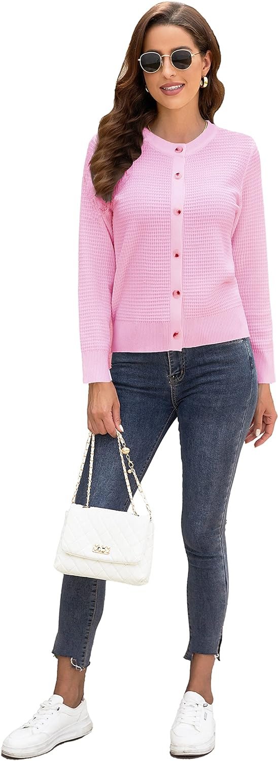 Women's Crew Neck Button Down Long Sleeve Solid Knit Classic Cardigan Sweater