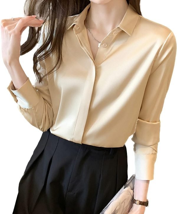 71id7B2ZhCS._AC_SL1500 Women's Satin Blouse Fashion Long Sleeve Satin Silk Shirt Work Office Top Casual Shirt