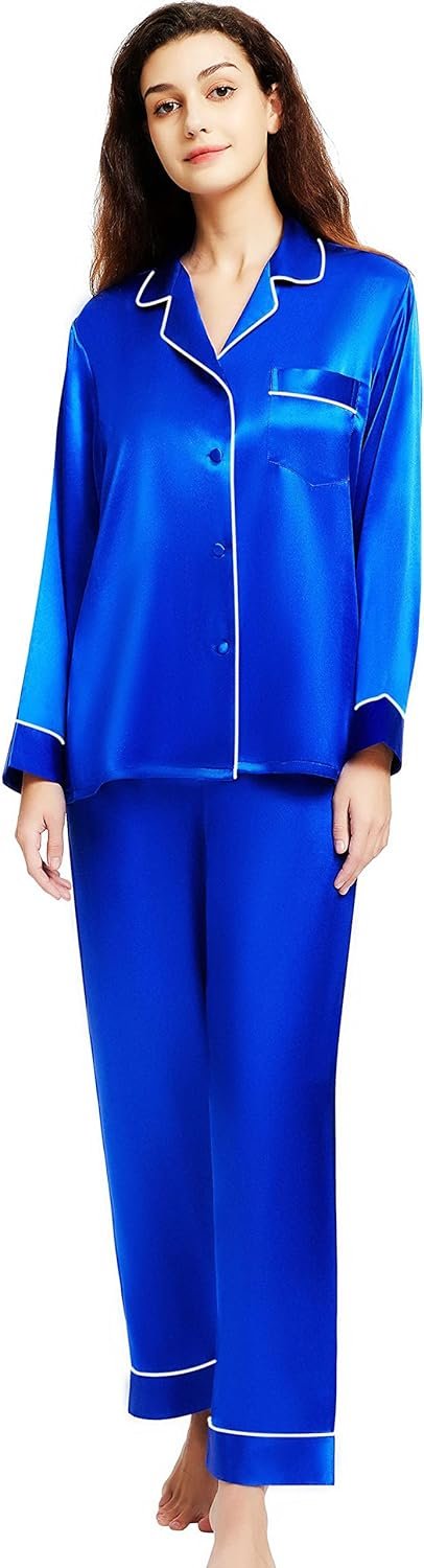71kVLIPlBaL._AC_SL1500 Women's Satin Pajamas Set Long Sleeve Button Down Shirt With Long Pant Sleepwear