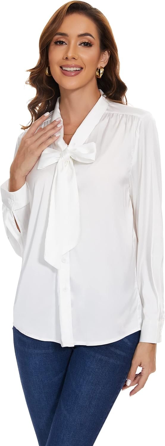 Womens Satin Solid Blouse Bow Tie Neck Button Down Shirts Long Sleeve Office Work Blouses Dressy Tops for Ladies Casual