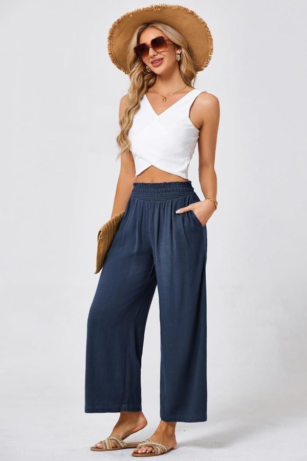 71wgTDkDUPL._AC_SL1500 JASAMBAC Women's Capri Linen Wide Leg Pants Summer Boho Wide Leg Pants Smocked High-Rise Waist Casual Beach Pants with Pocket