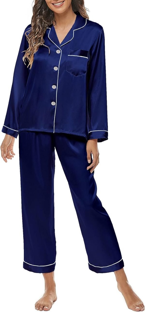 Silk Satin Pajamas Set for Women 2 Piece Soft Long Sleeve Tops & Bottoms Sleepwear Pj Lounge Set S-XXL
