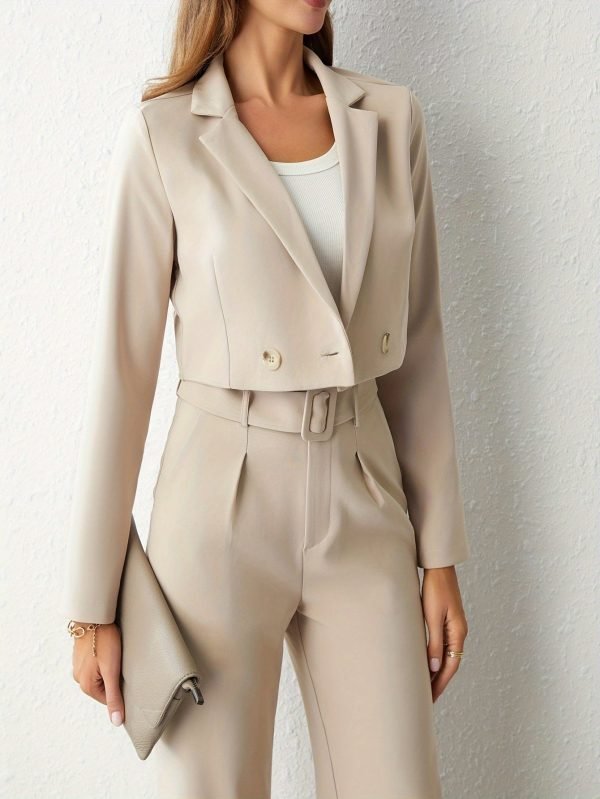 Business Casual Two-piece Set, Double-breasted Lapel Long Sleeve Blazer & Belted Wide Leg Pants Outfits, Women's Clothing