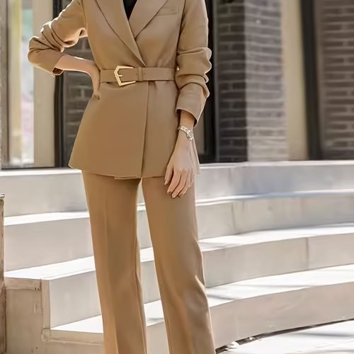 Solid Color Elegant Office & Work Pants Set, Belt Long Sleeve Lapel Neck Blazer & Straight Leg Pants Outfits, Women's Clothing